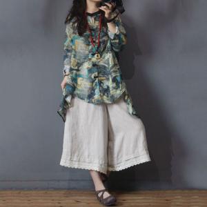 Paisley Patterns Vintage Designer Blouse Asymmetrical Linen Ladies Shirt