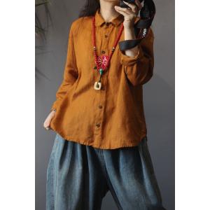 Flowers Embroidered Shirt Long Sleeve Linen Shirt for Woman