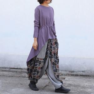 Casual Style Tied Purple Sweater Asymmetrical Knitted Pullover Sweater