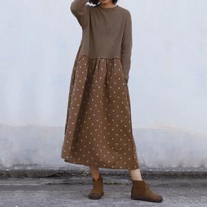 Small Dotted Long Sleeve Knitting Dress Vintage Empire Waist Dress