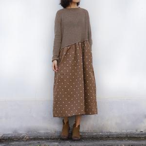 Small Dotted Long Sleeve Knitting Dress Vintage Empire Waist Dress