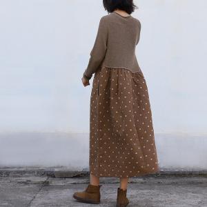 Small Dotted Long Sleeve Knitting Dress Vintage Empire Waist Dress