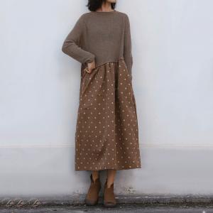 Small Dotted Long Sleeve Knitting Dress Vintage Empire Waist Dress