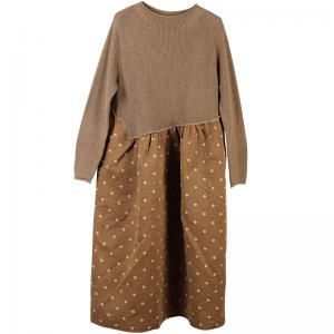 Small Dotted Long Sleeve Knitting Dress Vintage Empire Waist Dress