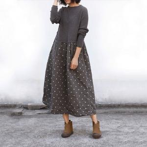 Fall Fashion Gray Dress Knitted Polka Dot Dress