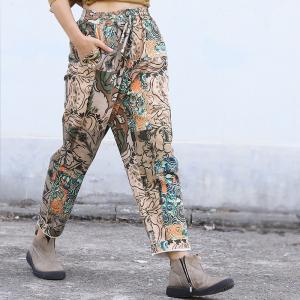 Over50 Style Vintage Printed Cotton Pants Straight Legs Casual Pants