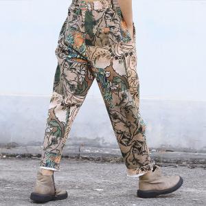 Over50 Style Vintage Printed Cotton Pants Straight Legs Casual Pants