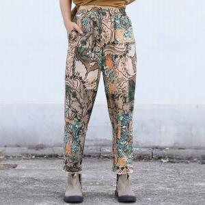 Over50 Style Vintage Printed Cotton Pants Straight Legs Casual Pants