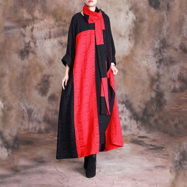 Red and Black Plus Size Caftan Cotton Linen Winter Dress with Scarf