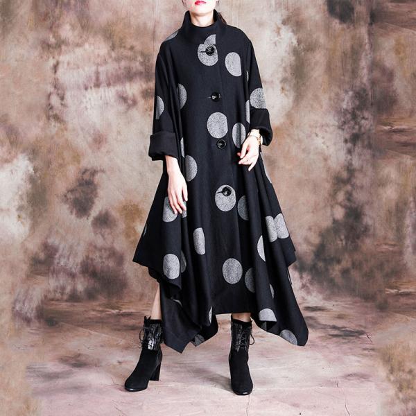 Asymmetrical Polka Dot Coat Black Elegant Long Cape Coat