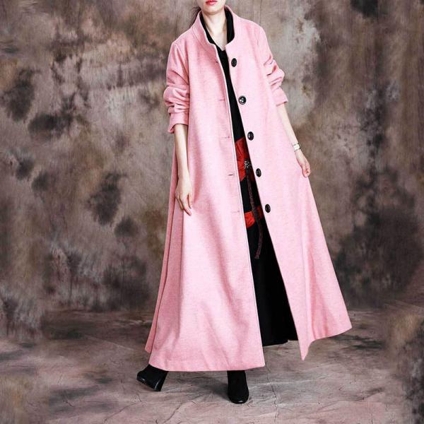 Solid Color Stand Collar Elegant Overcoat Woolen Long Tweed Coat