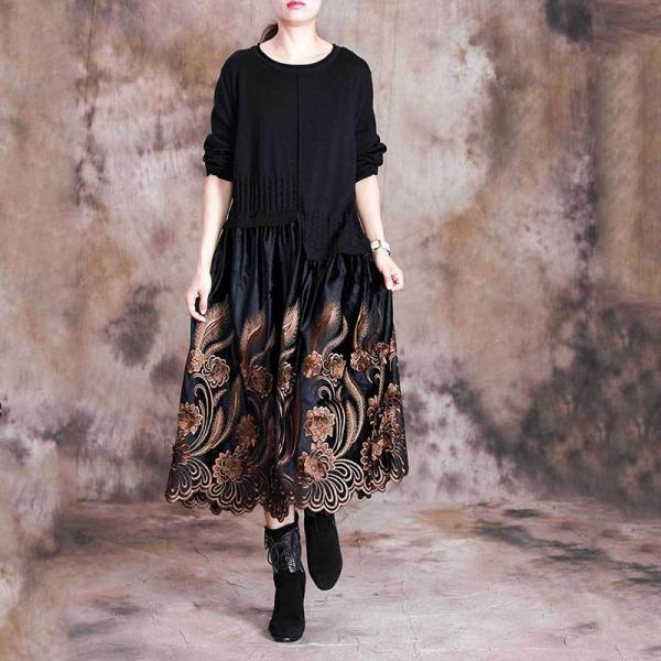 Beautiful Knitted Crew Neck Dress Long Sleeve Embroidery Dress