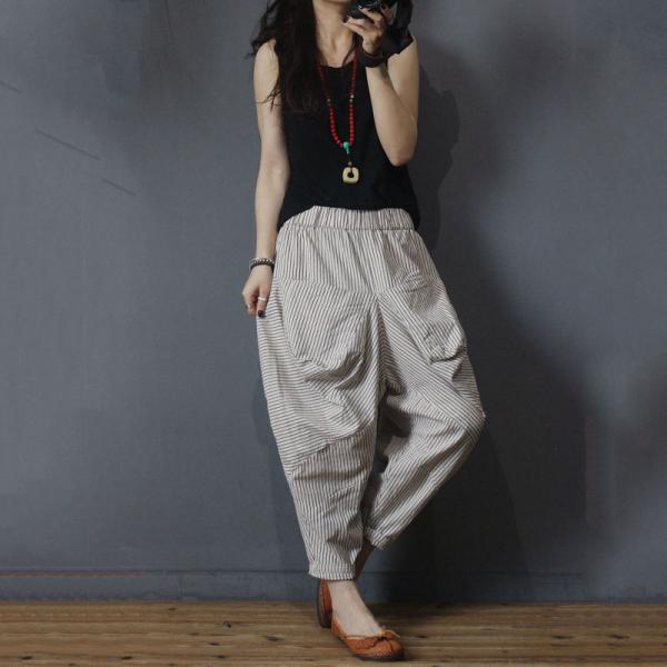 Straight Pockets Cotton Linen Pants Vertical Striped Radish Pants