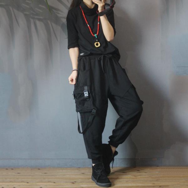 Sports Style Cotton Harem Pants Patched Pockets Black Trousers for Women