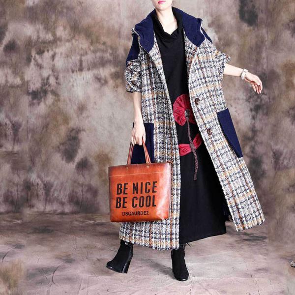 Blue Pockets Woolen Hooded Coat Plus Size Checkered Coat