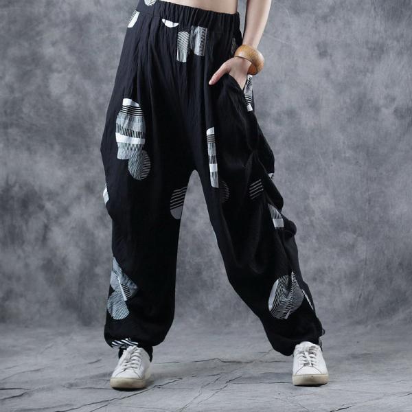 Street Style White Dotted Hippie Pants Plus Size Black Balloon Pants