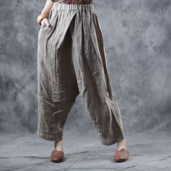Organic Linen Baggy Cropped Pants Side Pockets Pleated Harem Pants