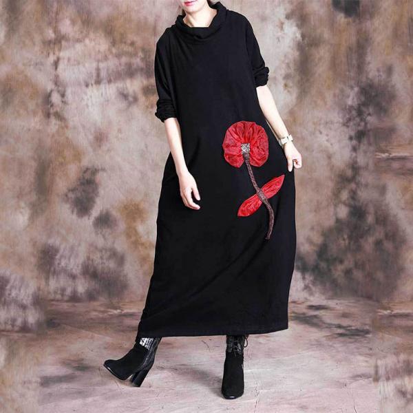 Red Flowers Applique Sweater Dress Loose-Fitting Turtle Neck Dress