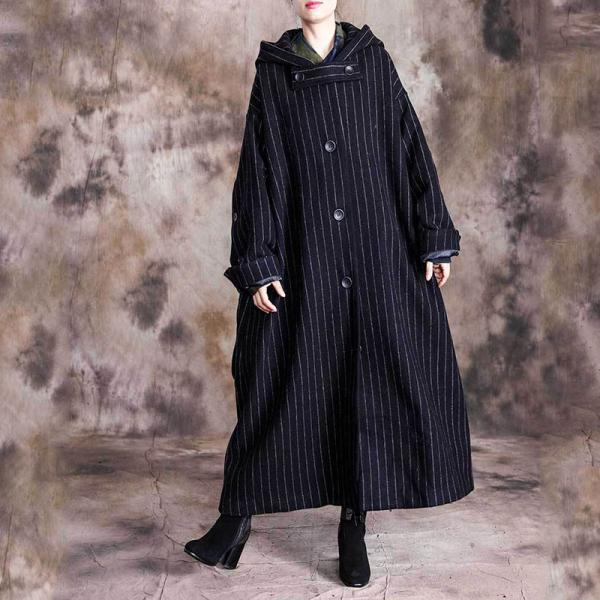 Single-Breasted Black Hooded Coat Vertical Striped Woolen Coat