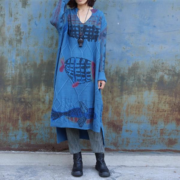 Fish Patterns Long Sleeve Blue Dress Asymmetrical Sweater Dress