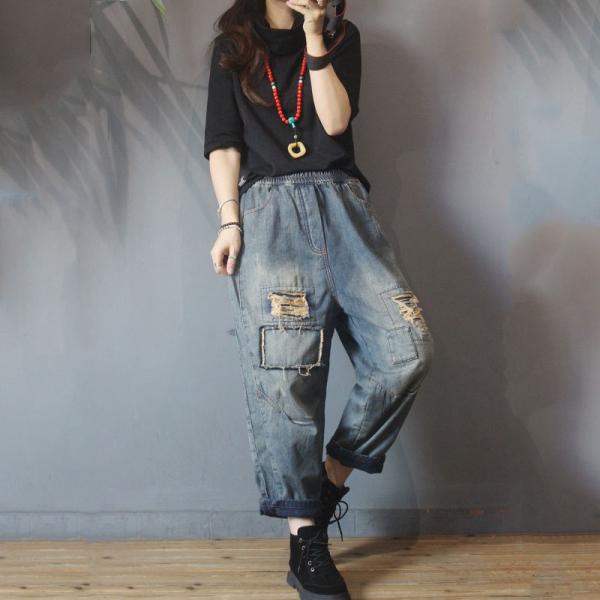 Street Fashion Patchwork Fleeced Ripped Jeans 90s Distressed Boyfriend Jeans