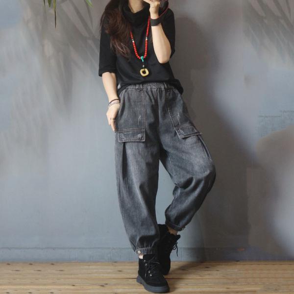 Korean Fashion Baggy Tie Ankle Jeans Patched Pocket Fleece Black Pants