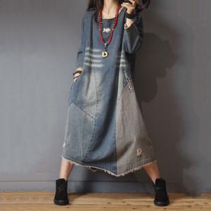 Korean Style Patchwork Denim Dress Designer Ripped Dress