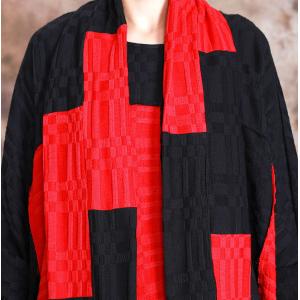Red and Black Plus Size Caftan Cotton Linen Winter Dress with Scarf