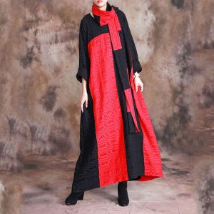 Red and Black Plus Size Caftan Cotton Linen Winter Dress with Scarf