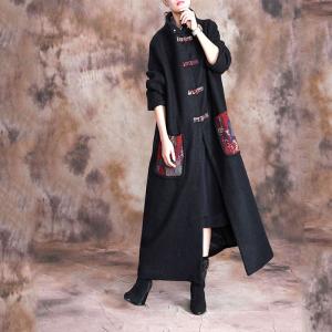 Stand Collar Chinese Buttons Black Overcoat Woolen Plus Size Coat