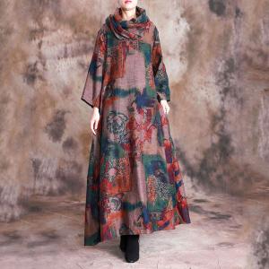 Senior Woman Red Printed Chinese Dress Cotton Linen Loose Dress with Scarf