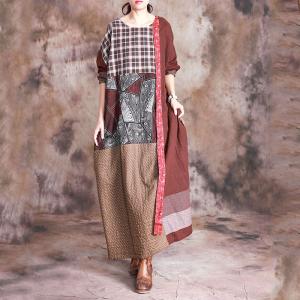 Pattern Patchwork Plus Size Maxi Dress Cotton Blended Paisley Dress