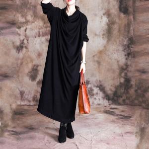 Casual Style Black Draped Dress Long Sleeve Loose Dress
