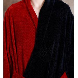 Black Contrast Long Sleeve Wrap Coat V-Neck Kimono Dress