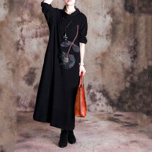 Lotus Applique Turtleneck Dress Casual Long Sleeve Black Dress