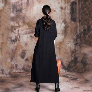 Lotus Applique Turtleneck Dress Casual Long Sleeve Black Dress