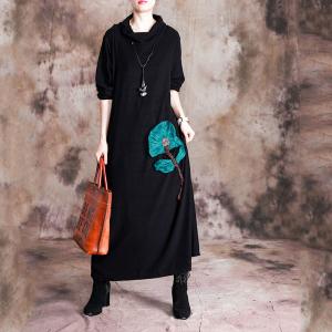 Lotus Applique Turtleneck Dress Casual Long Sleeve Black Dress