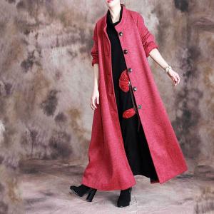 Solid Color Stand Collar Elegant Overcoat Woolen Long Tweed Coat