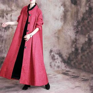 Solid Color Stand Collar Elegant Overcoat Woolen Long Tweed Coat