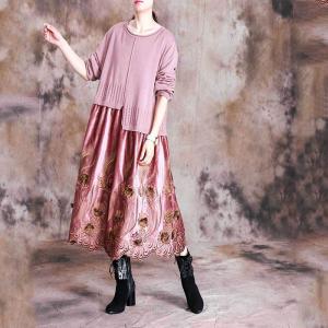 Beautiful Knitted Crew Neck Dress Long Sleeve Embroidery Dress