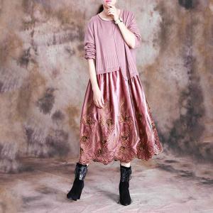 Beautiful Knitted Crew Neck Dress Long Sleeve Embroidery Dress