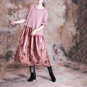 Beautiful Knitted Crew Neck Dress Long Sleeve Embroidery Dress