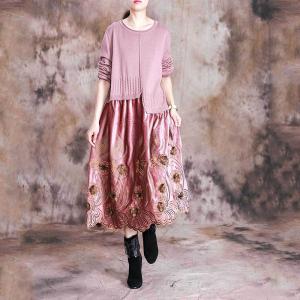 Beautiful Knitted Crew Neck Dress Long Sleeve Embroidery Dress