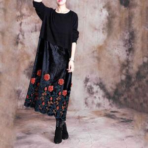 Retro Style Rose Embroidered Clothing Long Sleeve Elegant Dress