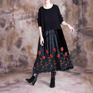 Retro Style Rose Embroidered Clothing Long Sleeve Elegant Dress