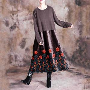 Retro Style Rose Embroidered Clothing Long Sleeve Elegant Dress