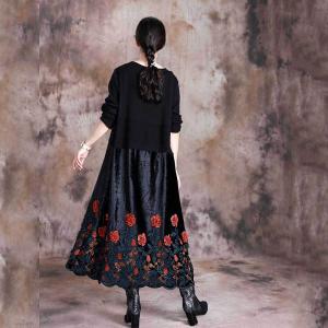 Retro Style Rose Embroidered Clothing Long Sleeve Elegant Dress