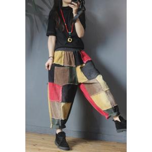 Color Blocks Womens Corduroy Pants Vintage Harem Trousers