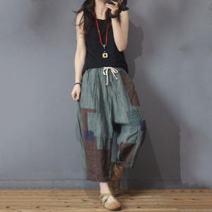 Contrast Color Drawstring Pants Cotton Linen Pants for Woman