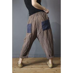 Contrast Color Drawstring Pants Cotton Linen Pants for Woman